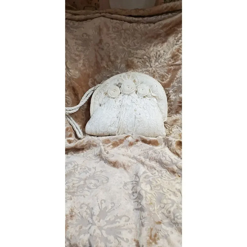 Vintage 80s Marie Palmese Lace Floral Satin Rhinestone Bag Cream Dressy Bridal